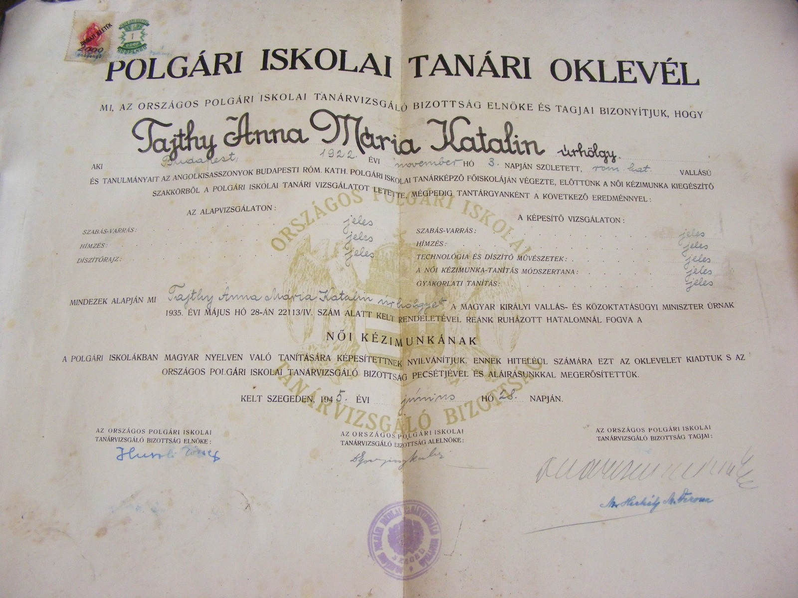 Tanári Oklevél