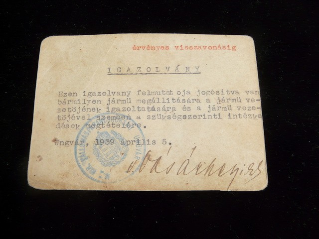 Igazoltatási igazolvány - 1939 Ungvár