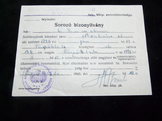 Sorozó bizonyítvány - 1945